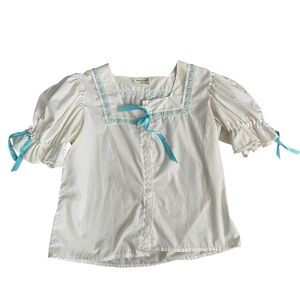 Vintage Kate Schorer Square Dance White Blue Ribbon W/Puff Sleeve Blouse